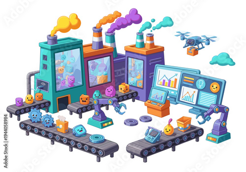Cute cartoon factory with robots, conveyor belts, and a drone delivering packages