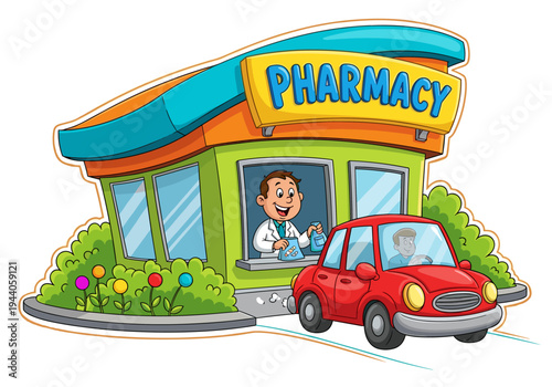 Cartoon drive-thru pharmacy with pharmacist handing medication to customer in car