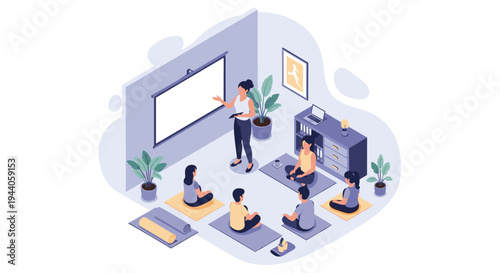 A female instructor leads a meditation or yoga class, presenting on a whiteboard to a group of students in a studio.