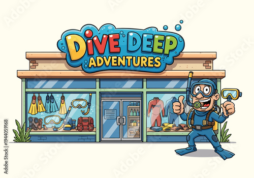 Dive Deep Adventures store with happy diver mascot and scuba gear displayed in window