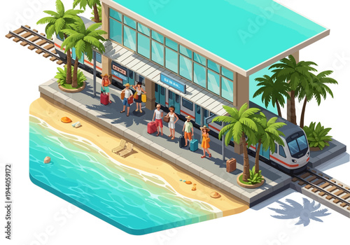 Train station on a tropical beach with palm trees and travelers