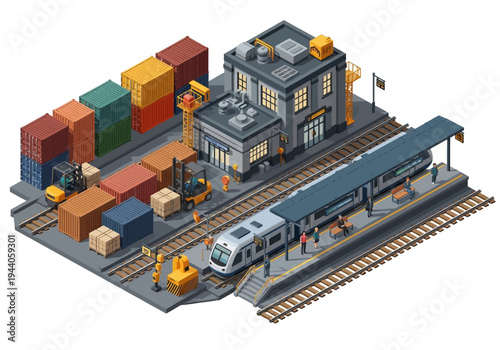 Isometric illustration of a bustling train station with cargo containers and loading equipment