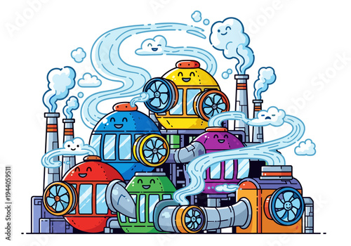 Cute cartoon factory with colorful, smiling pods emitting steam and clouds