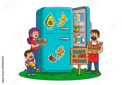Family and community fridge concept with food sharing and care