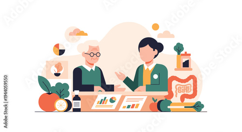 A flat vector illustration of an elderly female patient having a consultation with a female doctor about nutrition and digestive health, with fruits, charts, and an intestine model present.