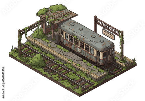 Abandoned train station with old carriage and overgrown tracks in an isometric view