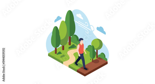 An isometric vector illustration of a young man taking a leisurely walk on a path through a green park with trees and a light breeze on a clear day.