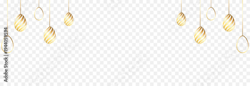 Hanging golden Easter eggs PNG. Easter background decorated with painted golden eggs.