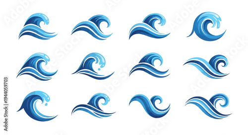 Collection of stylized blue wave and ocean motifs in artistic design. Vector