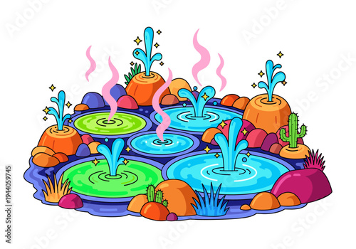 Whimsical cartoon hot springs with geysers and desert plants in vibrant colors