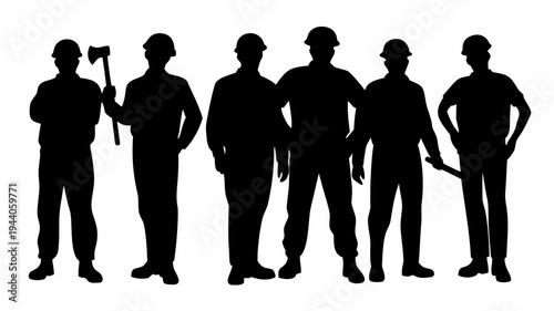 Silhouette of team workers with tools lineup construction workers in hard hats standing together