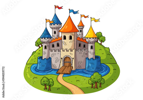 Whimsical cartoon castle with colorful flags and a moat on a green hill
