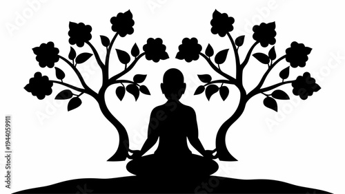 Person meditating under blooming rose tree silhouette peaceful mindfulness scene with floral background