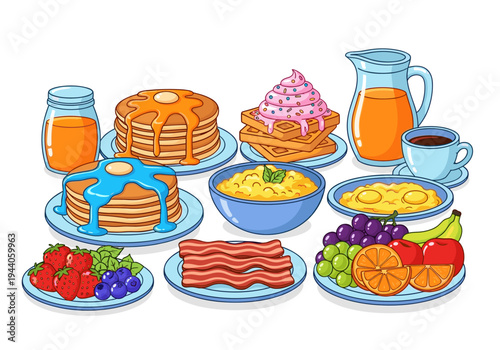 A vibrant cartoon illustration of a delicious and diverse breakfast spread