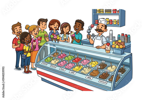 Diverse group of people enjoying ice cream at a colorful gelateria with many flavors
