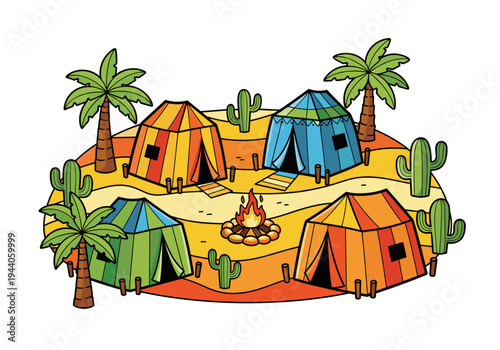 Colorful desert camp with tents, palm trees, cacti, and a central campfire illustration