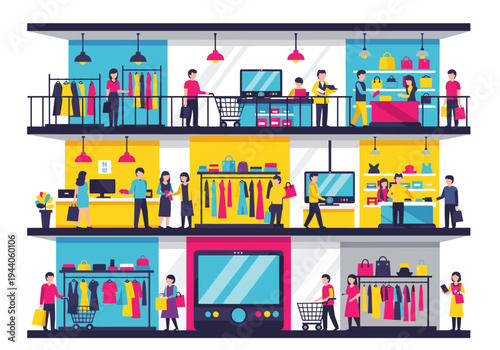 Modern multi-level department store interior with diverse shoppers and clothing displays