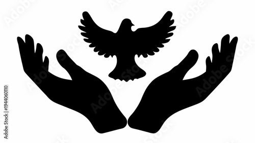 Hands releasing dove silhouette symbolizing peace and unity in a gesture of freedom and harmony with nature