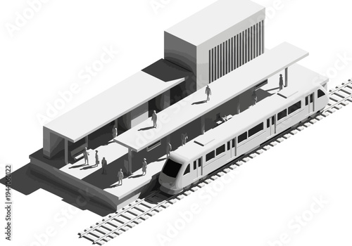 Modern train station with passenger platform and high-speed train on tracks