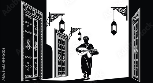 Arabian street musician silhouette vector illustration playing traditional instrument in old Middle Eastern alley with lanterns doors cultural night scene