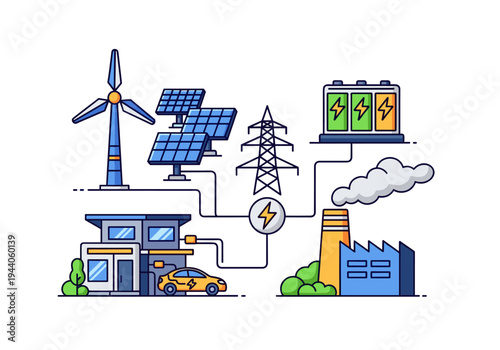 Renewable energy sources powering a smart grid with electric car charging station