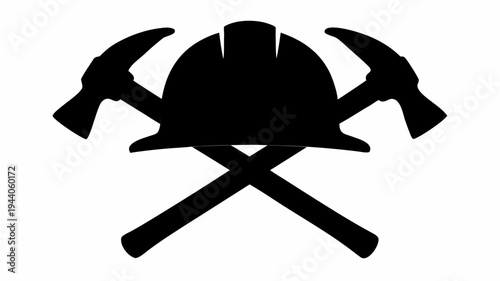Black silhouette emblem of hard hat with crossed tools construction and industry symbol