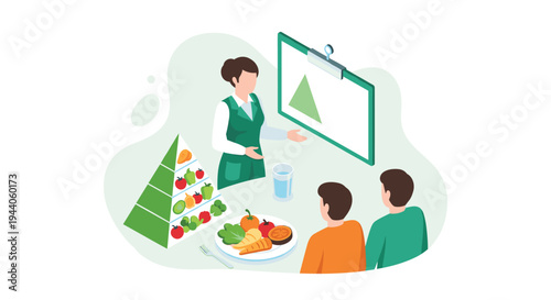 Isometric illustration of a female nutritionist teaching two men about healthy eating using a food pyramid model and a plate of food.