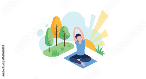 Flat vector illustration of a woman practicing yoga and stretching on a mat in a park during a sunny morning sunrise.