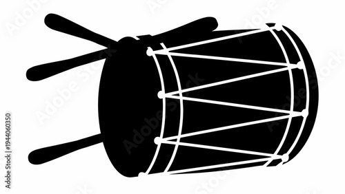 Dhol drum with crossed sticks in black silhouette on white background for music and cultural concepts