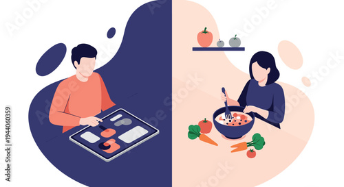 Split-screen illustration showing a man ordering food online on a tablet and a woman preparing a healthy meal in her kitchen.