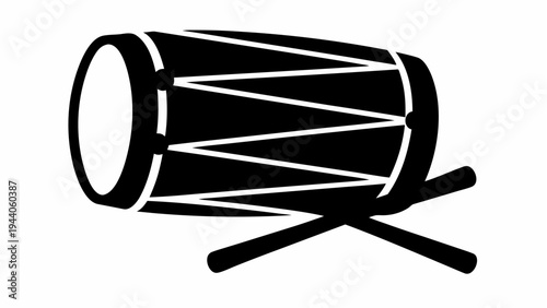 Dhol drum with crossed sticks in black silhouette traditional indian musical instrument for cultural events and celebrations