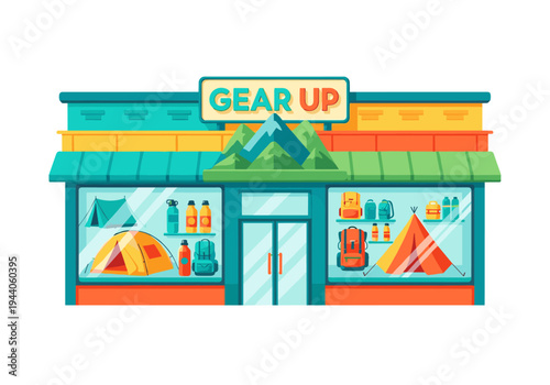 Outdoor gear shop storefront with tents, backpacks, and water bottles displayed