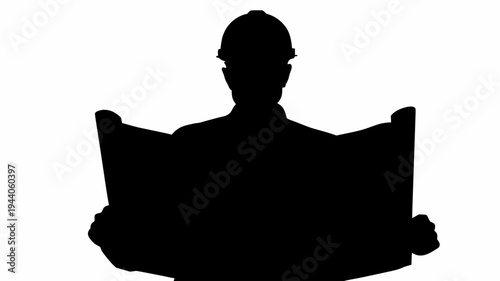 Silhouette of engineer or architect holding blueprint construction plan or technical drawing wearing hard hat on white background for design and building concepts