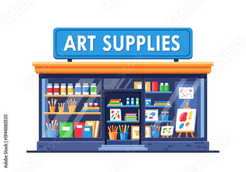 Illustration of a storefront displaying a wide variety of art supplies for creative endeavors