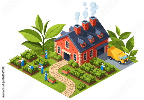 Isometric farm with workers harvesting crops and a delivery truck ready to go
