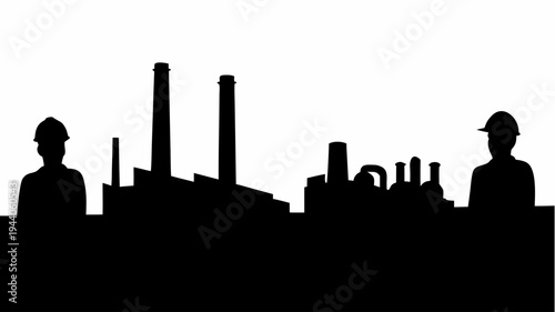 Industrial factory skyline with workers silhouette at dusk industrial area with smokestacks and workers in hard hats manufacturing plant