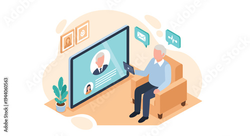An isometric illustration shows a senior man sitting in an armchair using a tablet for a video conference on a large screen at home.
