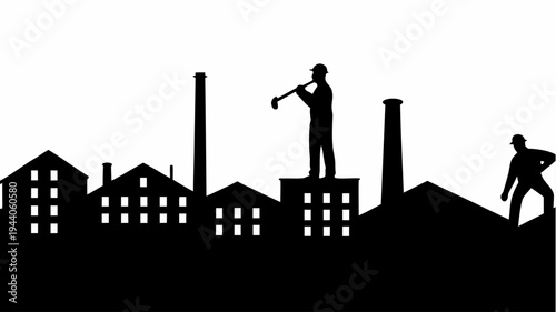Industrial factory skyline with workers silhouette at dusk industrial landscape with workers on rooftop manufacturing area