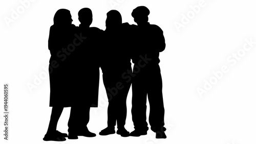 Four people hugging in silhouette against white background symbolizing friendship and unity