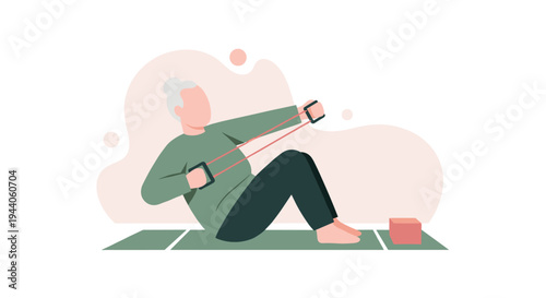 A senior woman with her hair in a bun does a strength training exercise with a resistance band on a mat, depicted in a minimalist flat vector style.