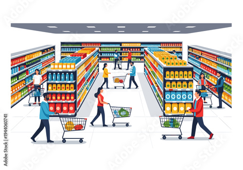 Diverse shoppers push carts through a brightly lit supermarket aisle filled with colorful products