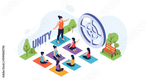 An isometric illustration of a female yoga instructor teaching a class of five women in a park setting with the word unity displayed prominently.