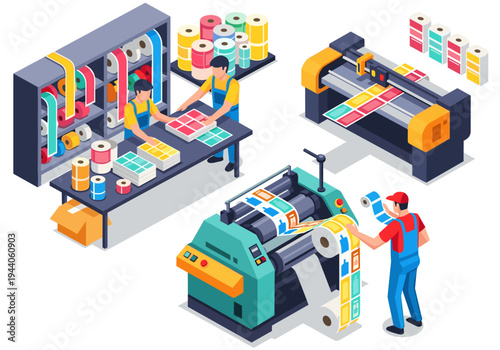 Printing factory workers operating machinery and managing supplies in a modern production facility