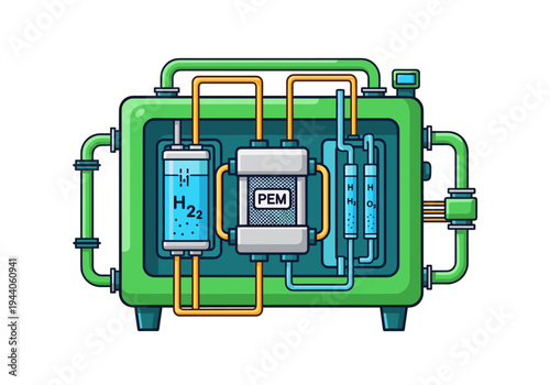 Illustration of a proton exchange membrane fuel cell system with clear labels for H2 and O2