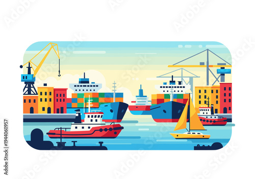Busy shipping port with cargo ships, tugboats, and cranes in a colorful flat design