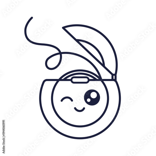 Outline Kawaii dental floss character. Cute oral care character. Pediatric dentistry concept. Dental floss illustration isolated on white. Oral hygiene concept. Dental cleaning tool. Coloring page