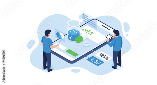 Two men use a large smartphone interface to access online pharmacy services, viewing medications and health data in an illustration.