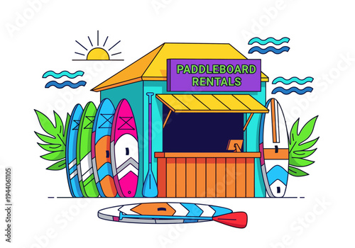 Colorful paddleboard rental stand on a sunny day with tropical plants and ocean waves