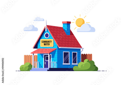 Blue house with a "Community Watch" sign under a sunny sky with clouds