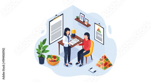 A professional female nutritionist consults with a patient in an office featuring a food pyramid, a bowl of fruit, and diet charts.